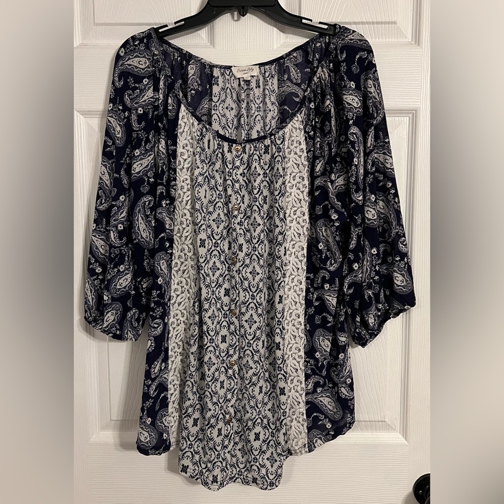 Siren Lily Women’s 1xl 3/4 Sleeve Lace Sheer Blouse Paisley Design Blue & White